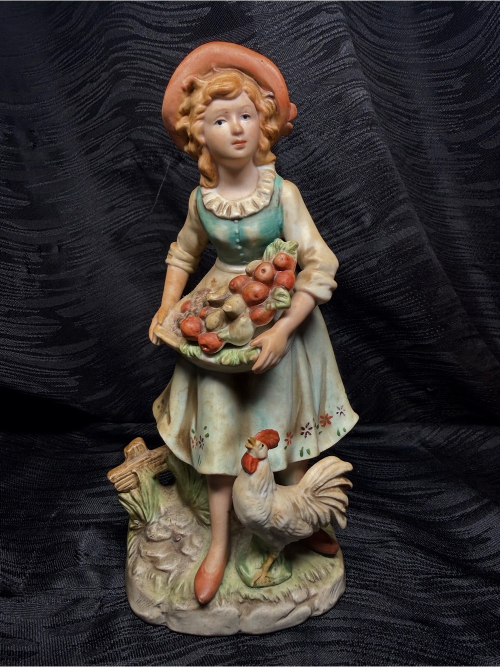 Homco Hand-Painted Farm Girl Figurine in Teal, Cream, Coral and Brown